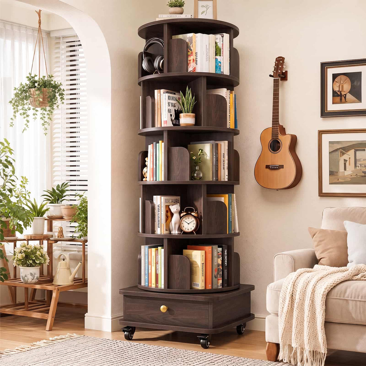 6-Tier Rotating Bookshelf with Lockable Wheels & Hidden Drawer, 360° Revolving Book Tower for Small Spaces, Bedroom, Living Room