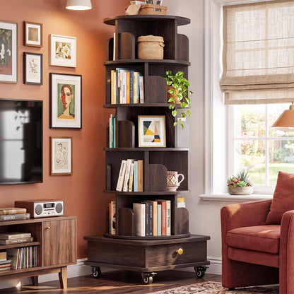 6-Tier Rotating Bookshelf with Lockable Wheels & Hidden Drawer, 360° Revolving Book Tower for Small Spaces, Bedroom, Living Room