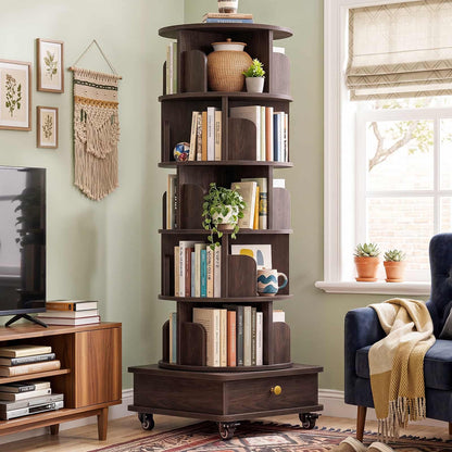 6-Tier Rotating Bookshelf with Lockable Wheels & Hidden Drawer, 360° Revolving Book Tower for Small Spaces, Bedroom, Living Room