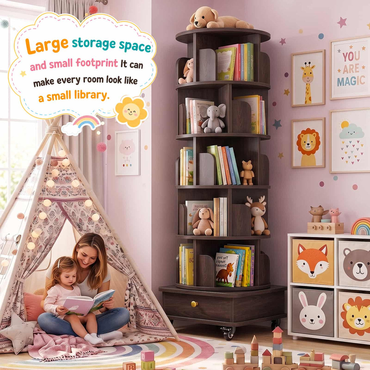 6-Tier Rotating Bookshelf with Lockable Wheels & Hidden Drawer, 360° Revolving Book Tower for Small Spaces, Bedroom, Living Room
