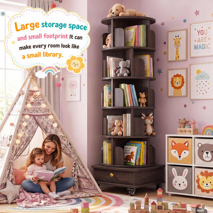 6-Tier Rotating Bookshelf with Lockable Wheels & Hidden Drawer, 360° Revolving Book Tower for Small Spaces, Bedroom, Living Room