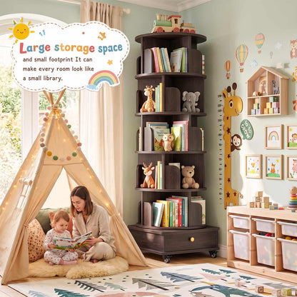 6-Tier Rotating Bookshelf with Lockable Wheels & Hidden Drawer, 360° Revolving Book Tower for Small Spaces, Bedroom, Living Room