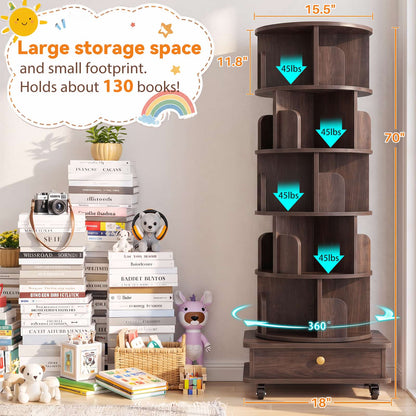6-Tier Rotating Bookshelf with Lockable Wheels & Hidden Drawer, 360° Revolving Book Tower for Small Spaces, Bedroom, Living Room