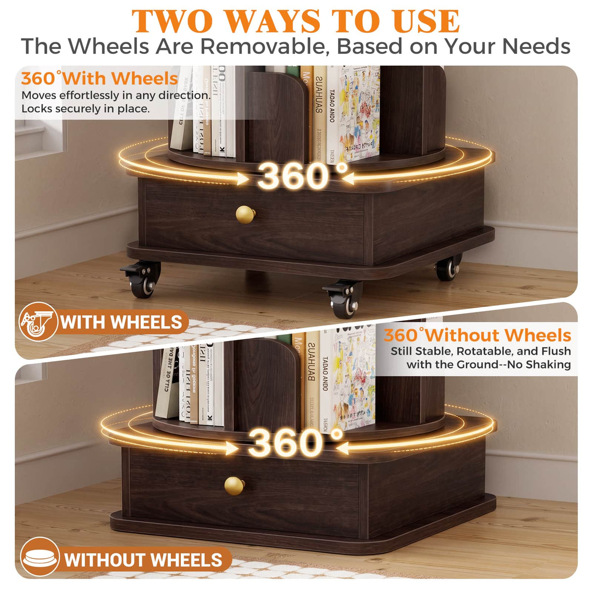 6-Tier Rotating Bookshelf with Lockable Wheels & Hidden Drawer, 360° Revolving Book Tower for Small Spaces, Bedroom, Living Room