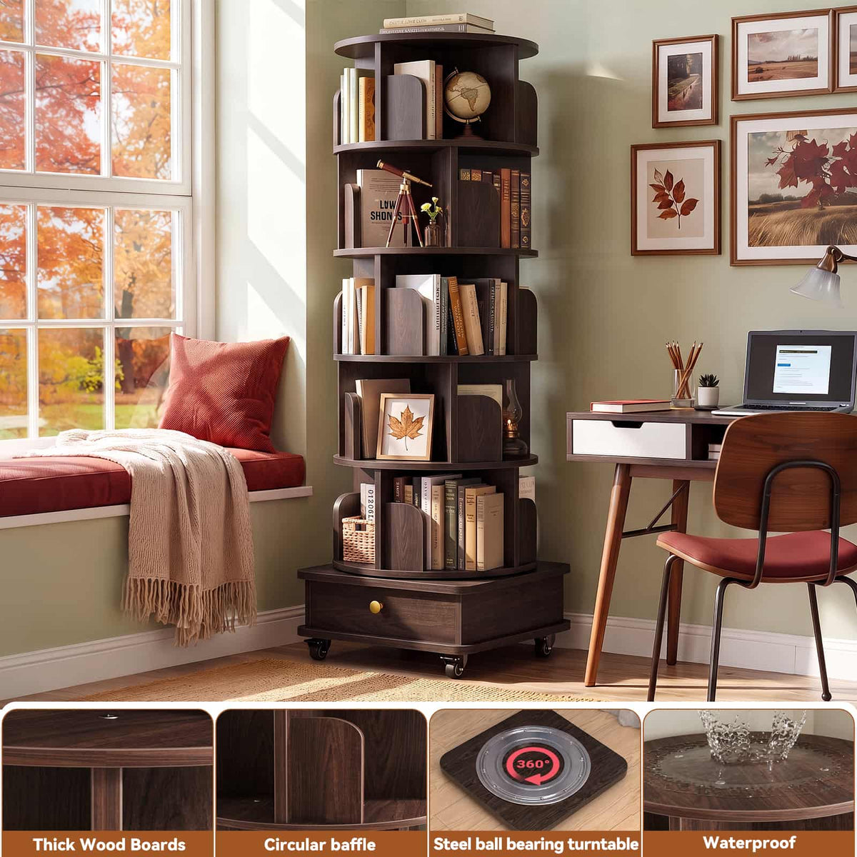 6-Tier Rotating Bookshelf with Lockable Wheels & Hidden Drawer, 360° Revolving Book Tower for Small Spaces, Bedroom, Living Room