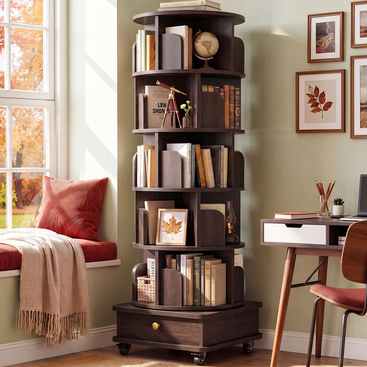 6-Tier Rotating Bookshelf with Lockable Wheels & Hidden Drawer, 360° Revolving Book Tower for Small Spaces, Bedroom, Living Room