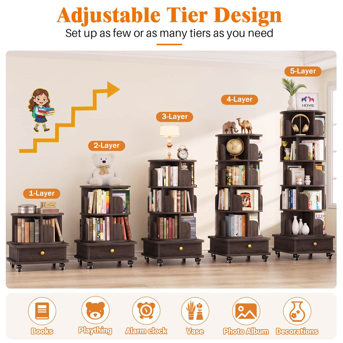 6-Tier Rotating Bookshelf with Lockable Wheels & Hidden Drawer, 360° Revolving Book Tower for Small Spaces, Bedroom, Living Room