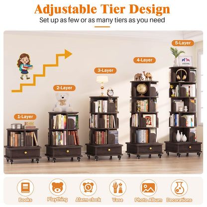 6-Tier Rotating Bookshelf with Lockable Wheels & Hidden Drawer, 360° Revolving Book Tower for Small Spaces, Bedroom, Living Room