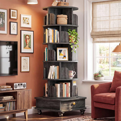 6-Tier Rotating Bookshelf with Lockable Wheels & Hidden Drawer, 360° Revolving Book Tower for Small Spaces, Bedroom, Living Room