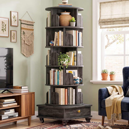 6-Tier Rotating Bookshelf with Lockable Wheels & Hidden Drawer, 360° Revolving Book Tower for Small Spaces, Bedroom, Living Room