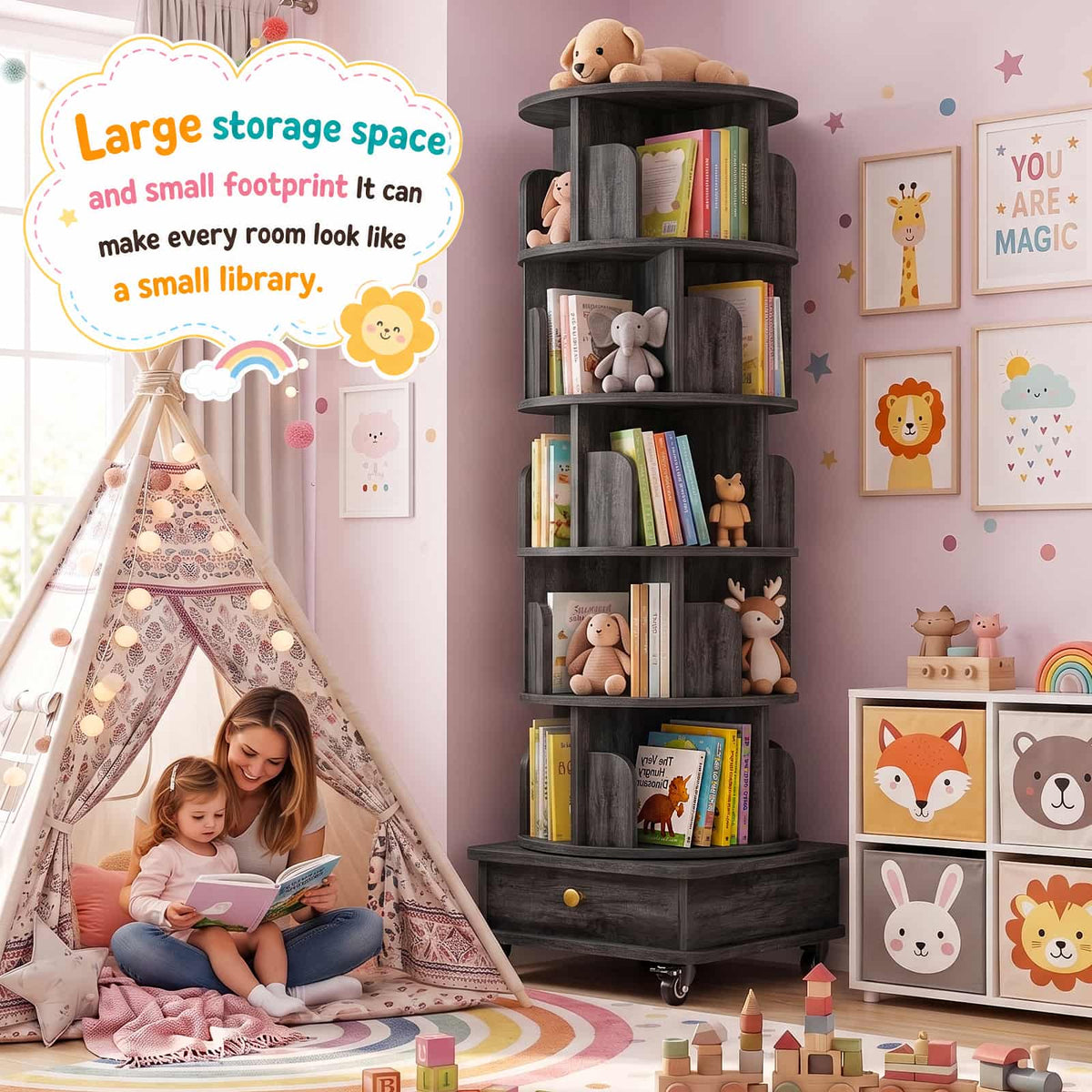 6-Tier Rotating Bookshelf with Lockable Wheels & Hidden Drawer, 360° Revolving Book Tower for Small Spaces, Bedroom, Living Room
