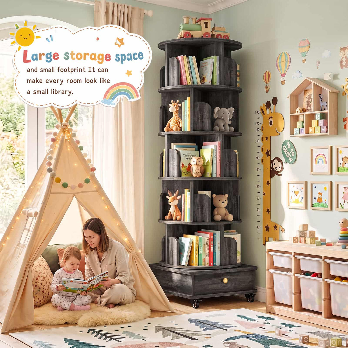 6-Tier Rotating Bookshelf with Lockable Wheels & Hidden Drawer, 360° Revolving Book Tower for Small Spaces, Bedroom, Living Room