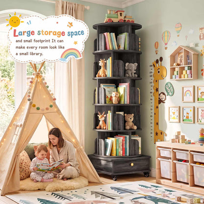6-Tier Rotating Bookshelf with Lockable Wheels & Hidden Drawer, 360° Revolving Book Tower for Small Spaces, Bedroom, Living Room