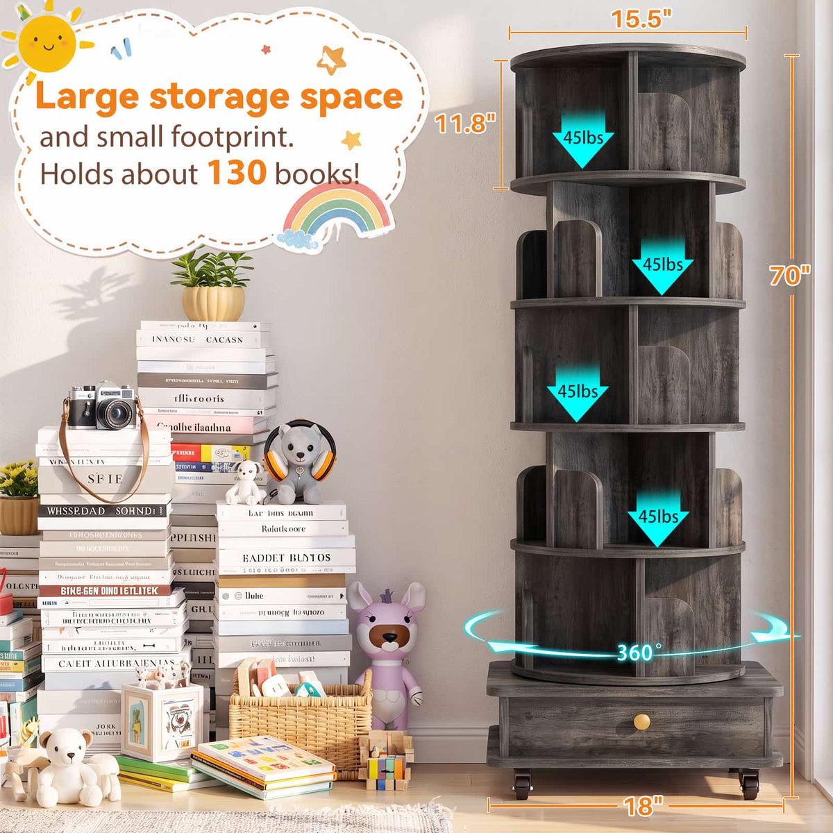 6-Tier Rotating Bookshelf with Lockable Wheels & Hidden Drawer, 360° Revolving Book Tower for Small Spaces, Bedroom, Living Room
