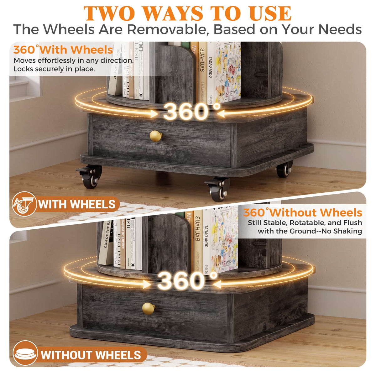 6-Tier Rotating Bookshelf with Lockable Wheels & Hidden Drawer, 360° Revolving Book Tower for Small Spaces, Bedroom, Living Room
