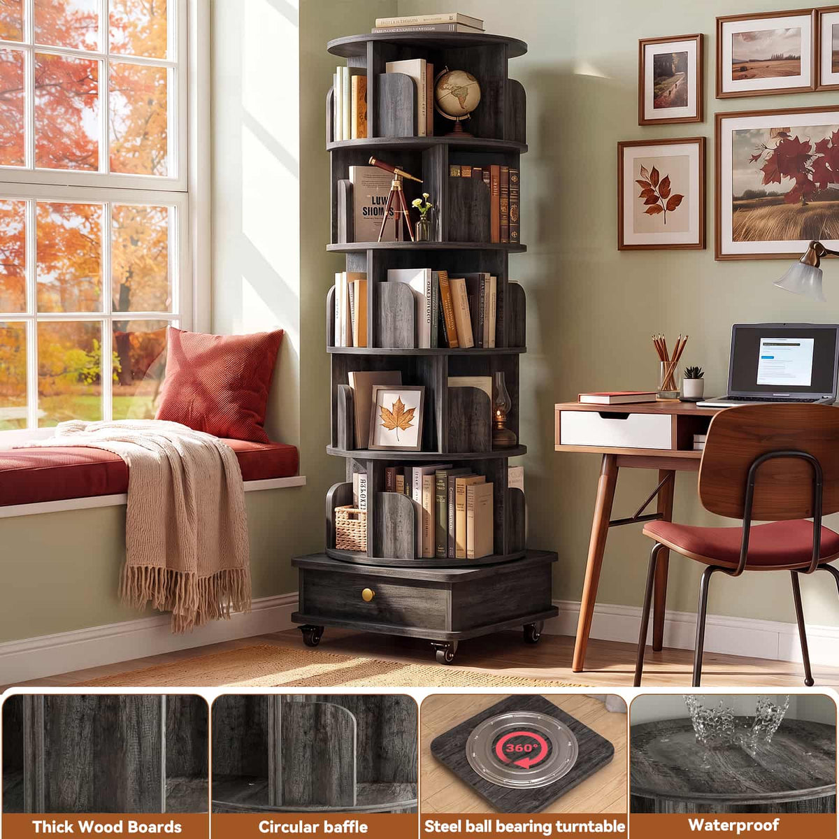 6-Tier Rotating Bookshelf with Lockable Wheels & Hidden Drawer, 360° Revolving Book Tower for Small Spaces, Bedroom, Living Room