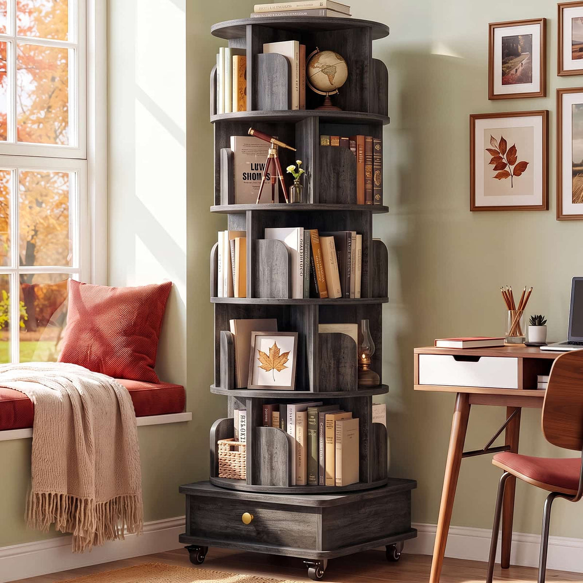 6-Tier Rotating Bookshelf with Lockable Wheels & Hidden Drawer, 360° Revolving Book Tower for Small Spaces, Bedroom, Living Room