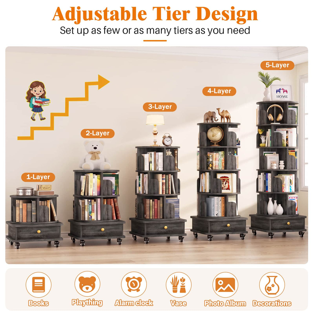 6-Tier Rotating Bookshelf with Lockable Wheels & Hidden Drawer, 360° Revolving Book Tower for Small Spaces, Bedroom, Living Room