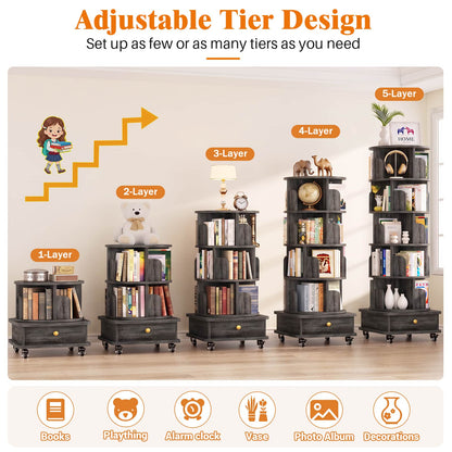 6-Tier Rotating Bookshelf with Lockable Wheels & Hidden Drawer, 360° Revolving Book Tower for Small Spaces, Bedroom, Living Room