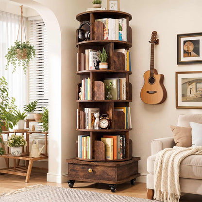 6-Tier Rotating Bookshelf with Lockable Wheels & Hidden Drawer, 360° Revolving Book Tower for Small Spaces, Bedroom, Living Room