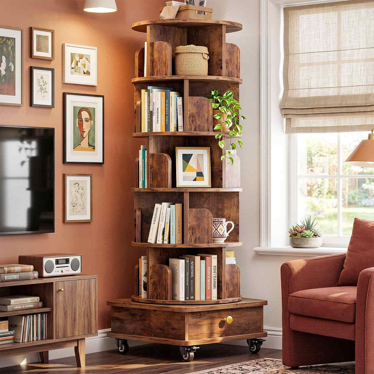 6-Tier Rotating Bookshelf with Lockable Wheels & Hidden Drawer, 360° Revolving Book Tower for Small Spaces, Bedroom, Living Room