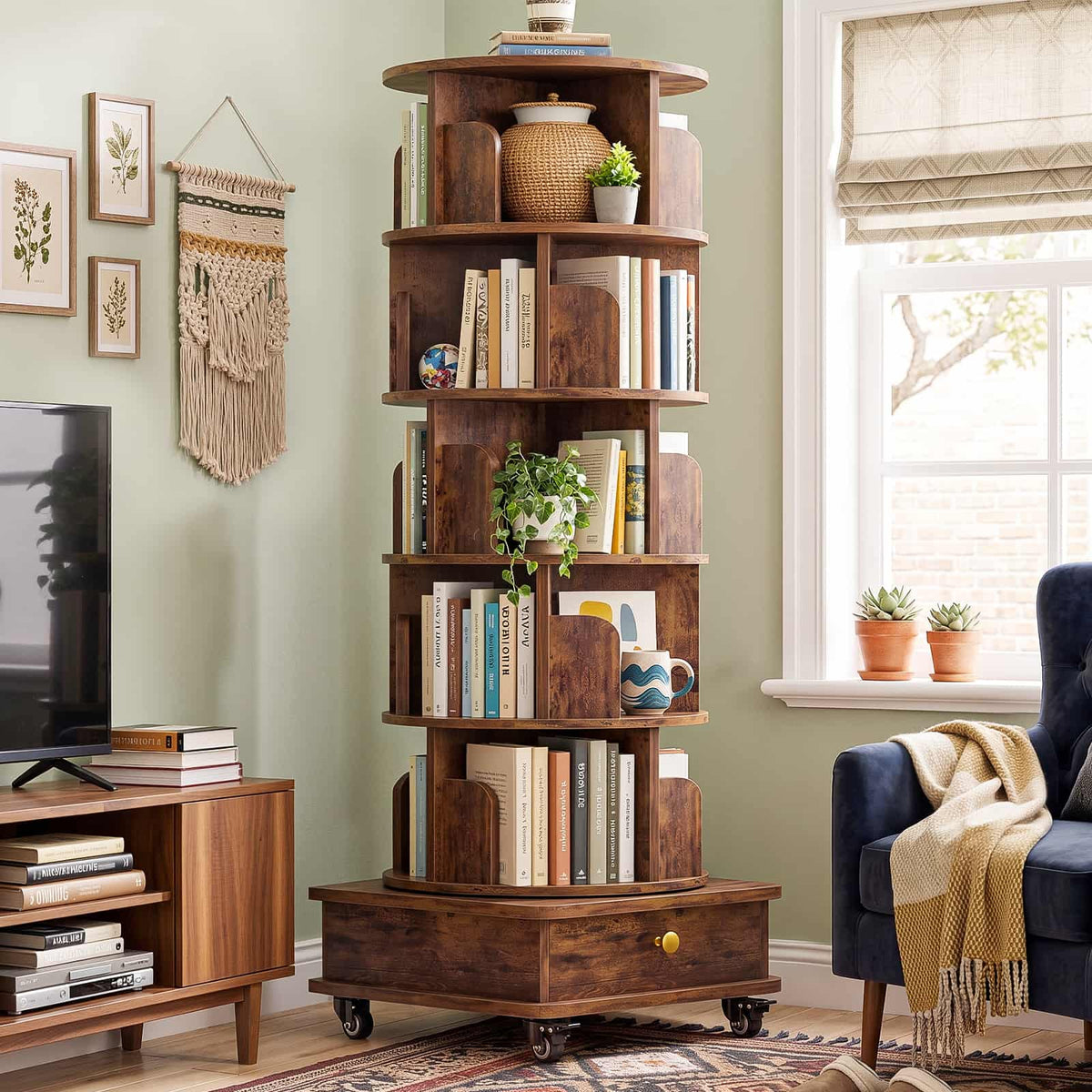 6-Tier Rotating Bookshelf with Lockable Wheels & Hidden Drawer, 360° Revolving Book Tower for Small Spaces, Bedroom, Living Room