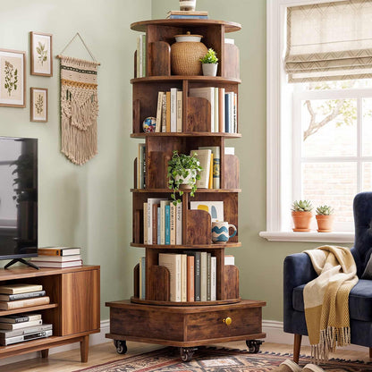 6-Tier Rotating Bookshelf with Lockable Wheels & Hidden Drawer, 360° Revolving Book Tower for Small Spaces, Bedroom, Living Room