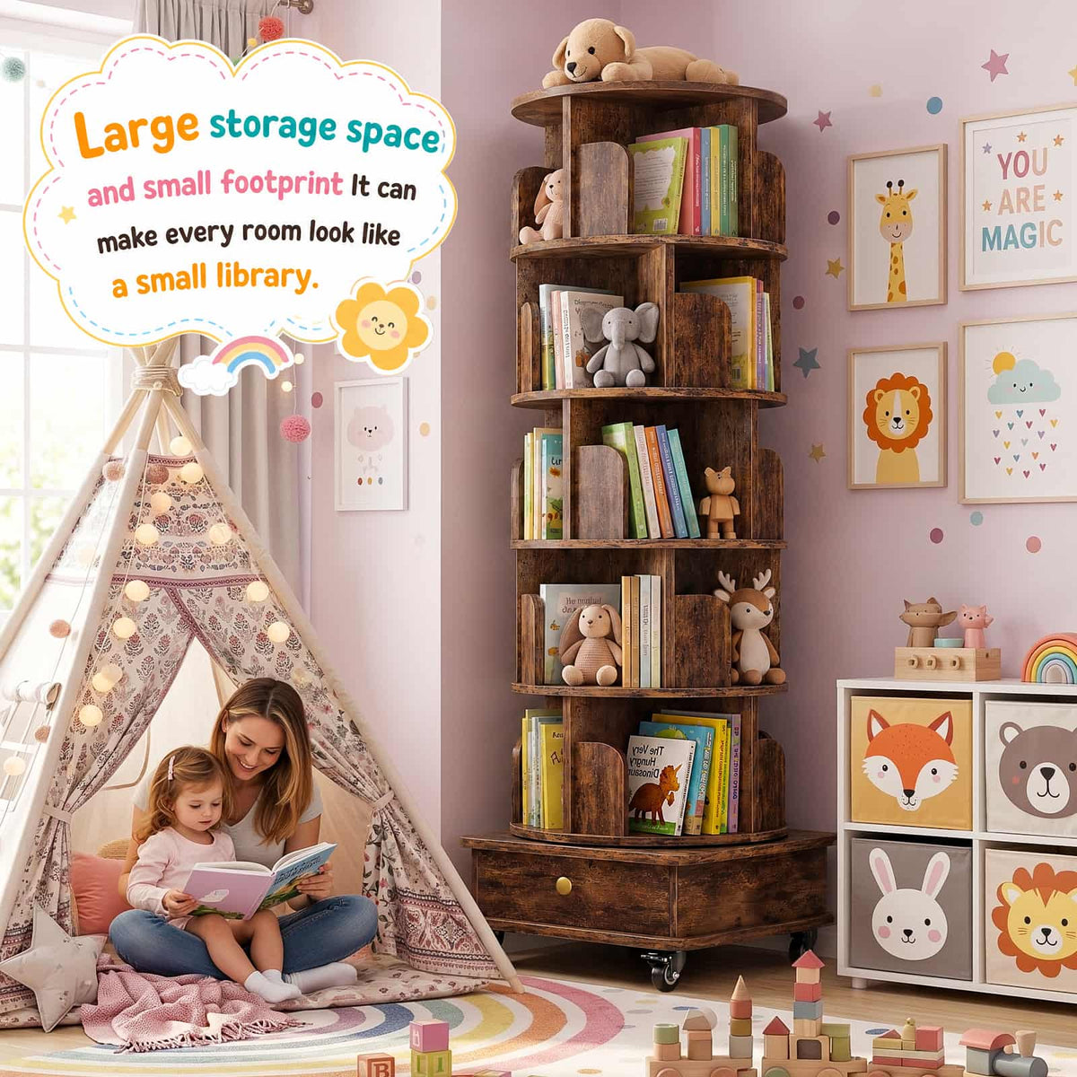 6-Tier Rotating Bookshelf with Lockable Wheels & Hidden Drawer, 360° Revolving Book Tower for Small Spaces, Bedroom, Living Room