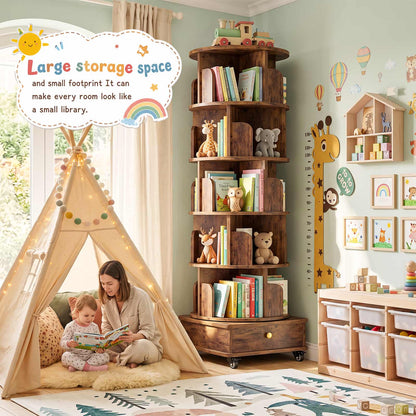 6-Tier Rotating Bookshelf with Lockable Wheels & Hidden Drawer, 360° Revolving Book Tower for Small Spaces, Bedroom, Living Room