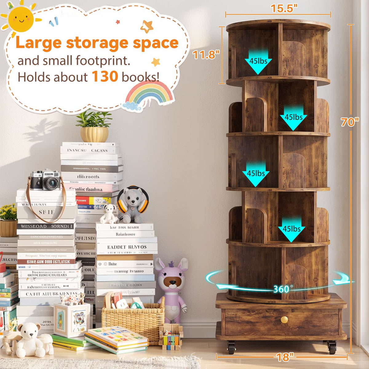 6-Tier Rotating Bookshelf with Lockable Wheels & Hidden Drawer, 360° Revolving Book Tower for Small Spaces, Bedroom, Living Room