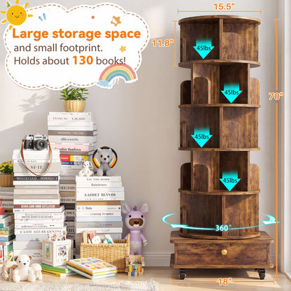 6-Tier Rotating Bookshelf with Lockable Wheels & Hidden Drawer, 360° Revolving Book Tower for Small Spaces, Bedroom, Living Room