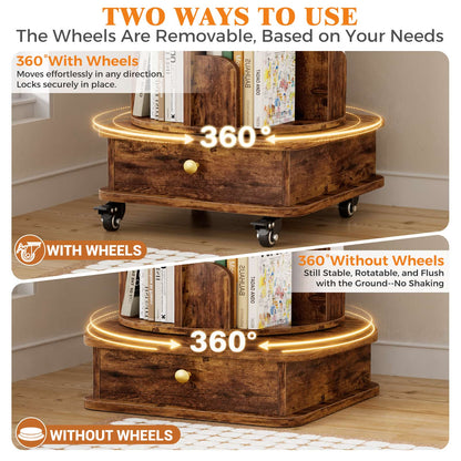 6-Tier Rotating Bookshelf with Lockable Wheels & Hidden Drawer, 360° Revolving Book Tower for Small Spaces, Bedroom, Living Room