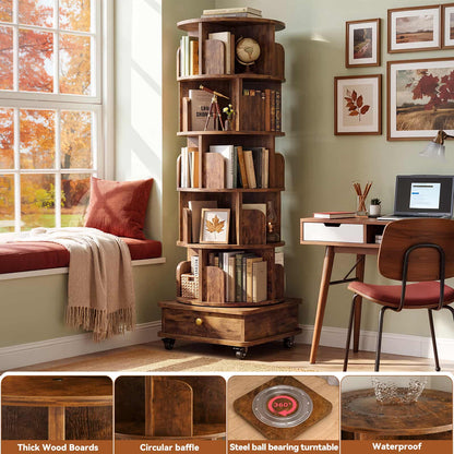 6-Tier Rotating Bookshelf with Lockable Wheels & Hidden Drawer, 360° Revolving Book Tower for Small Spaces, Bedroom, Living Room