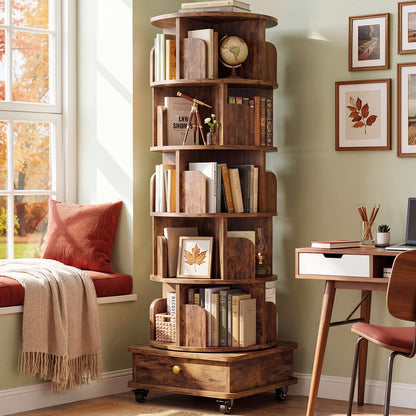 6-Tier Rotating Bookshelf with Lockable Wheels & Hidden Drawer, 360° Revolving Book Tower for Small Spaces, Bedroom, Living Room