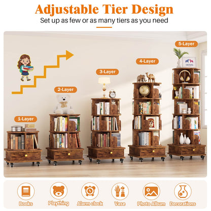 6-Tier Rotating Bookshelf with Lockable Wheels & Hidden Drawer, 360° Revolving Book Tower for Small Spaces, Bedroom, Living Room