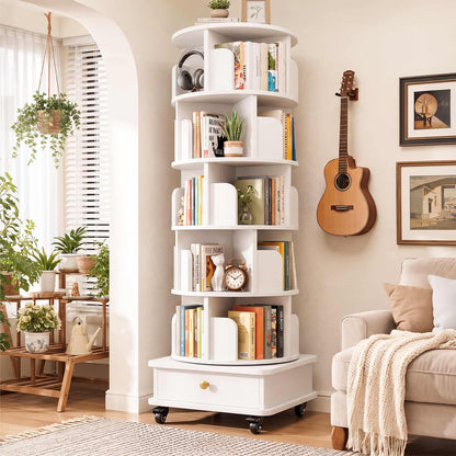6-Tier Rotating Bookshelf with Lockable Wheels & Hidden Drawer, 360° Revolving Book Tower for Small Spaces, Bedroom, Living Room