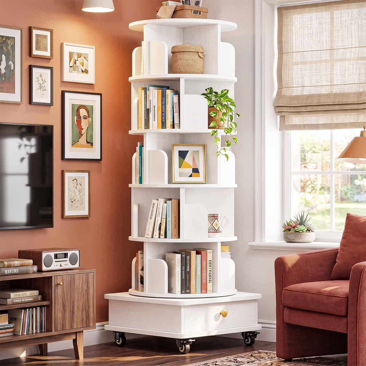 6-Tier Rotating Bookshelf with Lockable Wheels & Hidden Drawer, 360° Revolving Book Tower for Small Spaces, Bedroom, Living Room