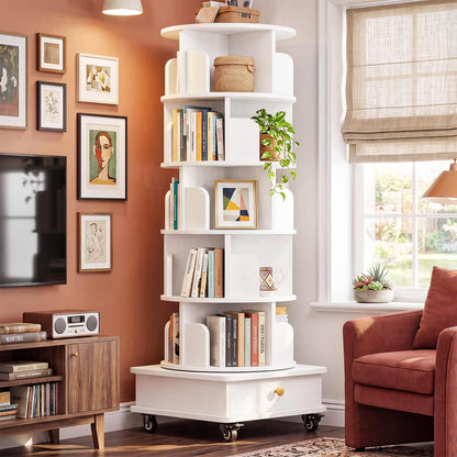 6-Tier Rotating Bookshelf with Lockable Wheels & Hidden Drawer, 360° Revolving Book Tower for Small Spaces, Bedroom, Living Room