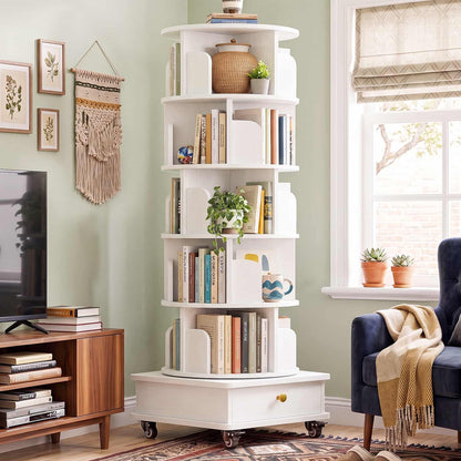 6-Tier Rotating Bookshelf with Lockable Wheels & Hidden Drawer, 360° Revolving Book Tower for Small Spaces, Bedroom, Living Room