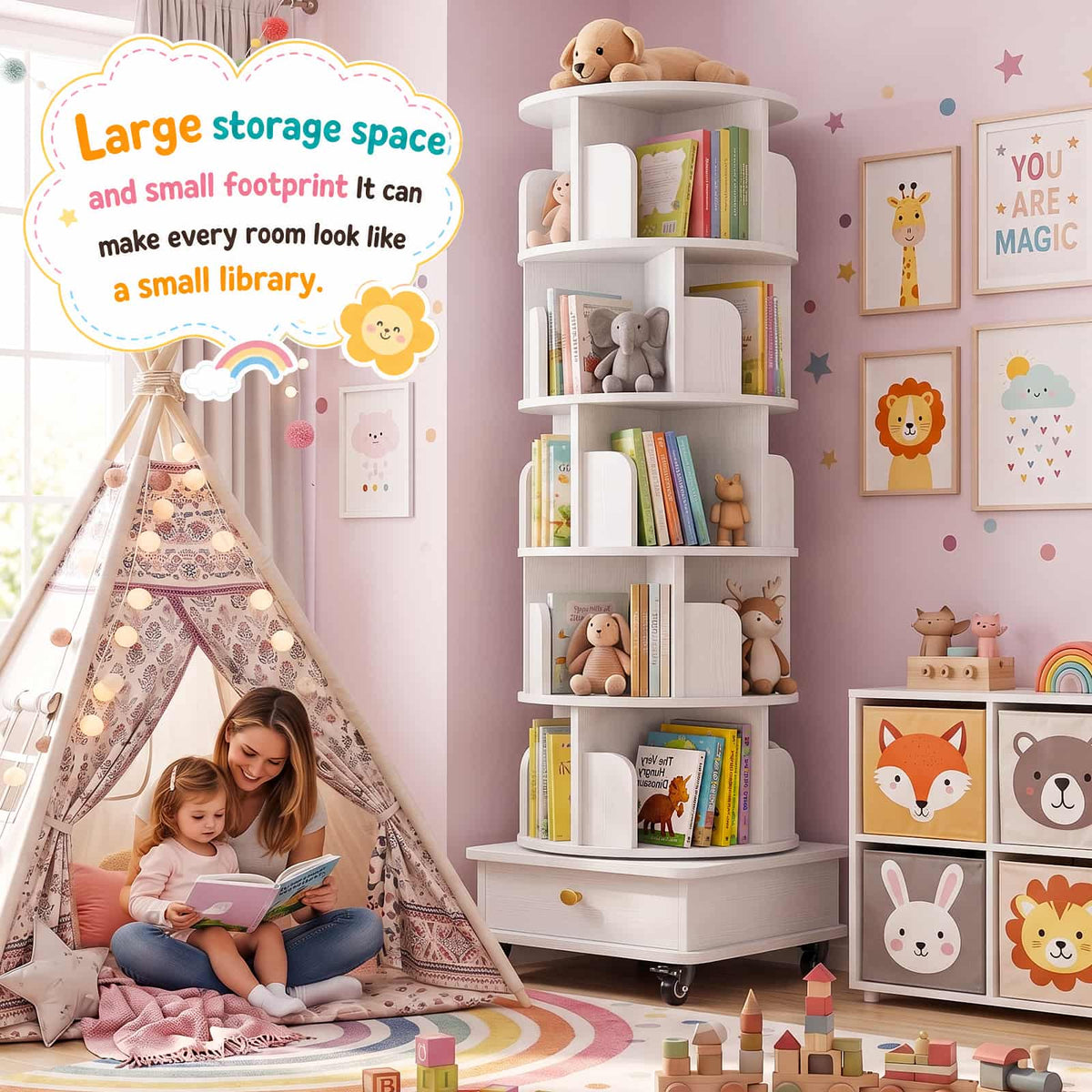 6-Tier Rotating Bookshelf with Lockable Wheels & Hidden Drawer, 360° Revolving Book Tower for Small Spaces, Bedroom, Living Room