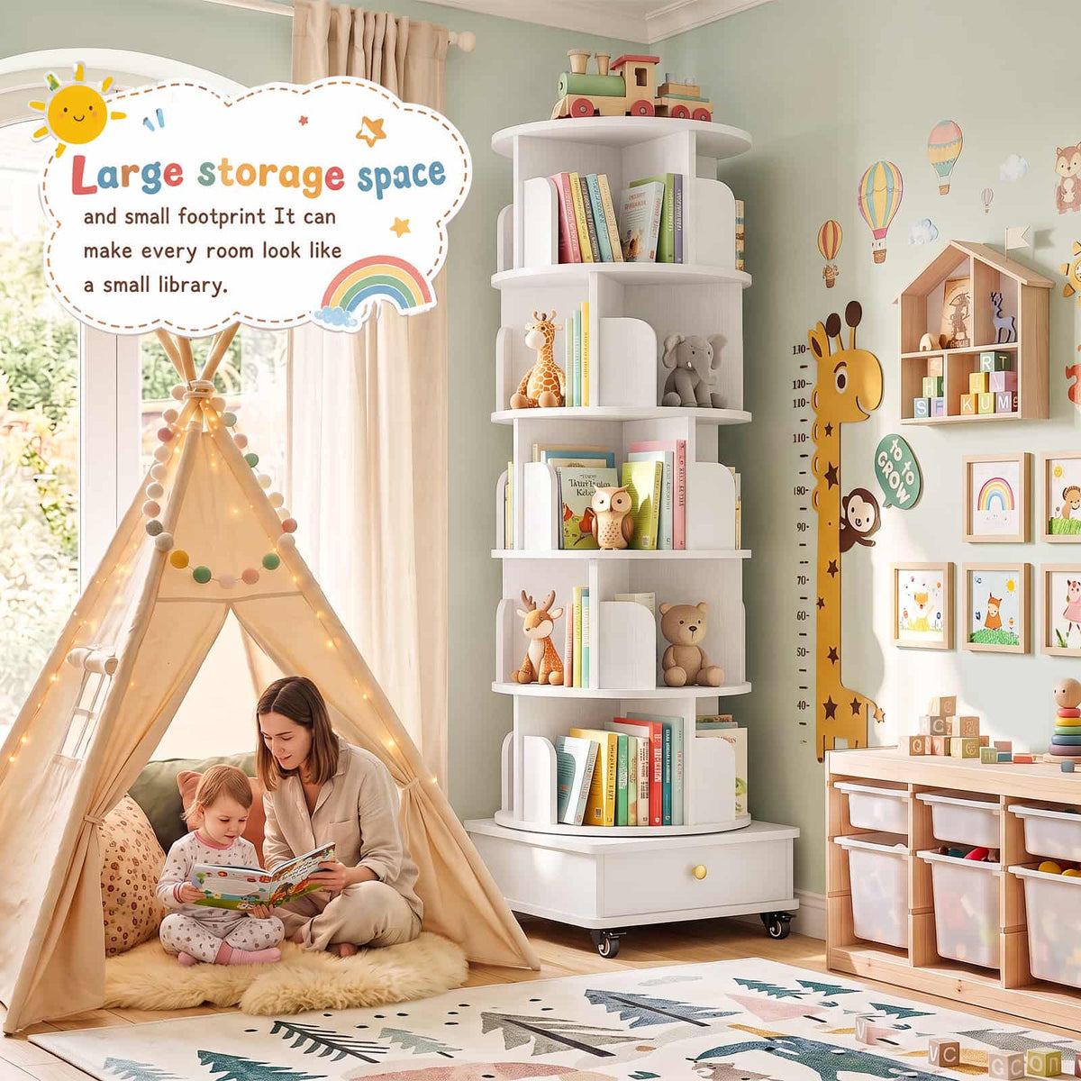 6-Tier Rotating Bookshelf with Lockable Wheels & Hidden Drawer, 360° Revolving Book Tower for Small Spaces, Bedroom, Living Room