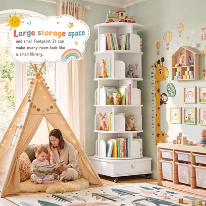 6-Tier Rotating Bookshelf with Lockable Wheels & Hidden Drawer, 360° Revolving Book Tower for Small Spaces, Bedroom, Living Room