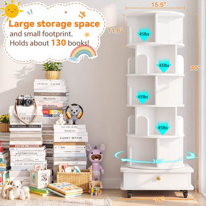 6-Tier Rotating Bookshelf with Lockable Wheels & Hidden Drawer, 360° Revolving Book Tower for Small Spaces, Bedroom, Living Room