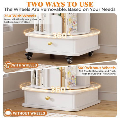 6-Tier Rotating Bookshelf with Lockable Wheels & Hidden Drawer, 360° Revolving Book Tower for Small Spaces, Bedroom, Living Room