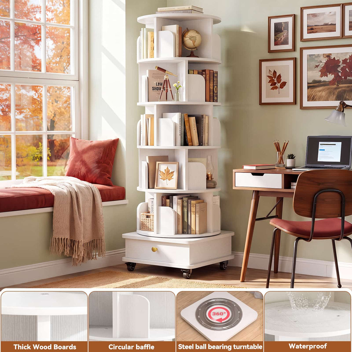 6-Tier Rotating Bookshelf with Lockable Wheels & Hidden Drawer, 360° Revolving Book Tower for Small Spaces, Bedroom, Living Room