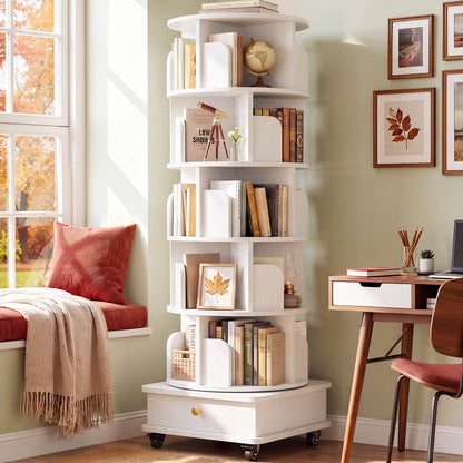 6-Tier Rotating Bookshelf with Lockable Wheels & Hidden Drawer, 360° Revolving Book Tower for Small Spaces, Bedroom, Living Room