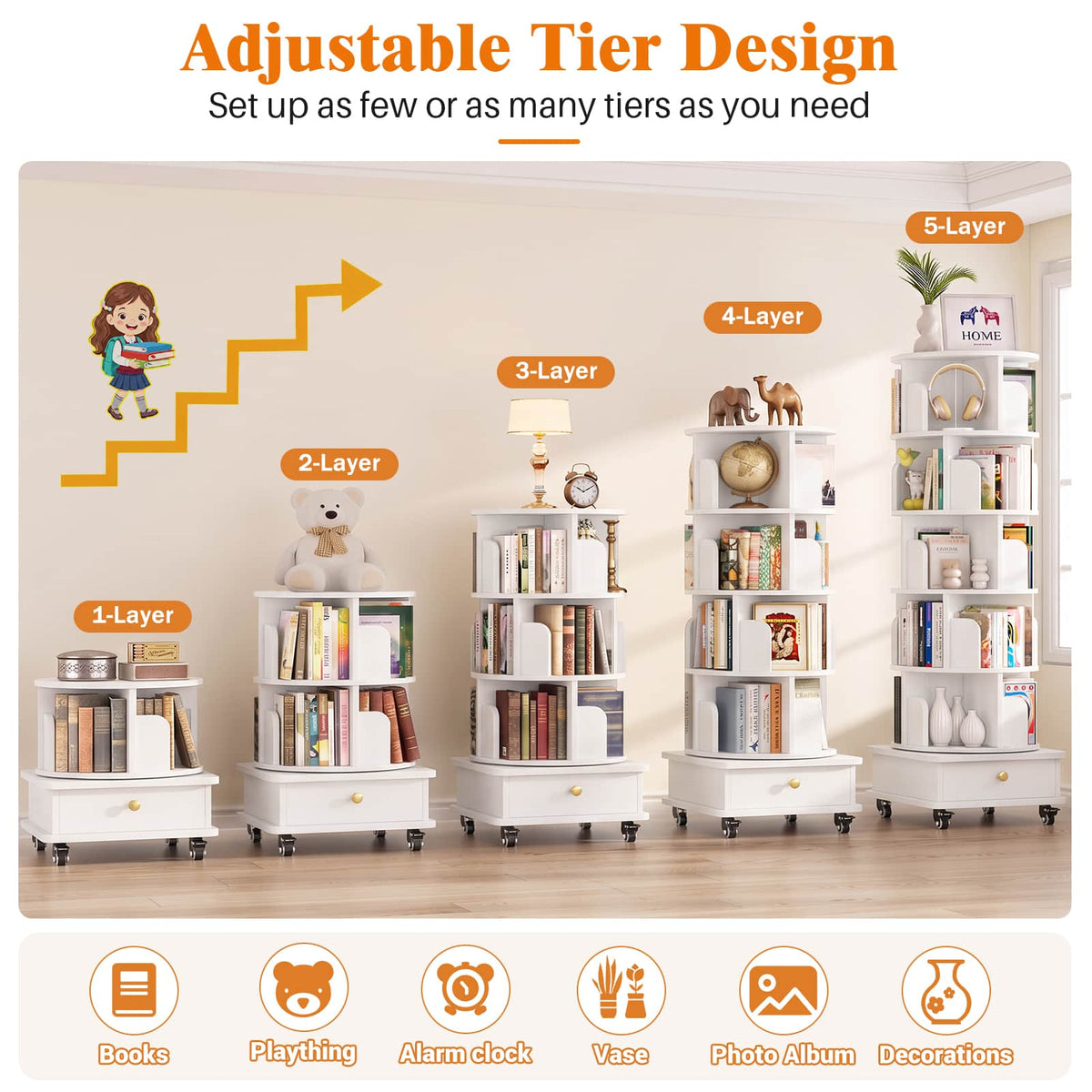 6-Tier Rotating Bookshelf with Lockable Wheels & Hidden Drawer, 360° Revolving Book Tower for Small Spaces, Bedroom, Living Room