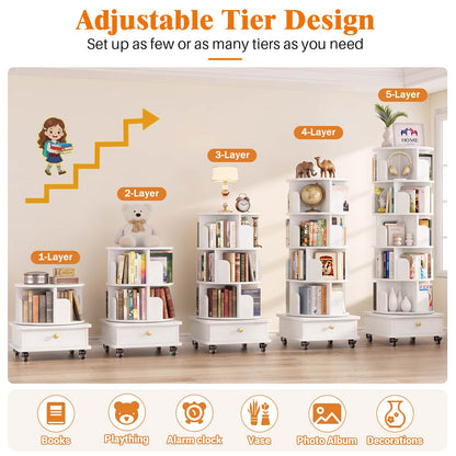 6-Tier Rotating Bookshelf with Lockable Wheels & Hidden Drawer, 360° Revolving Book Tower for Small Spaces, Bedroom, Living Room