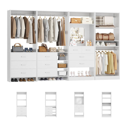 104''W 4 Piece Closet System with 10 Drawers, 4 Hanging Rods, 15 Open Shelves & Mirror