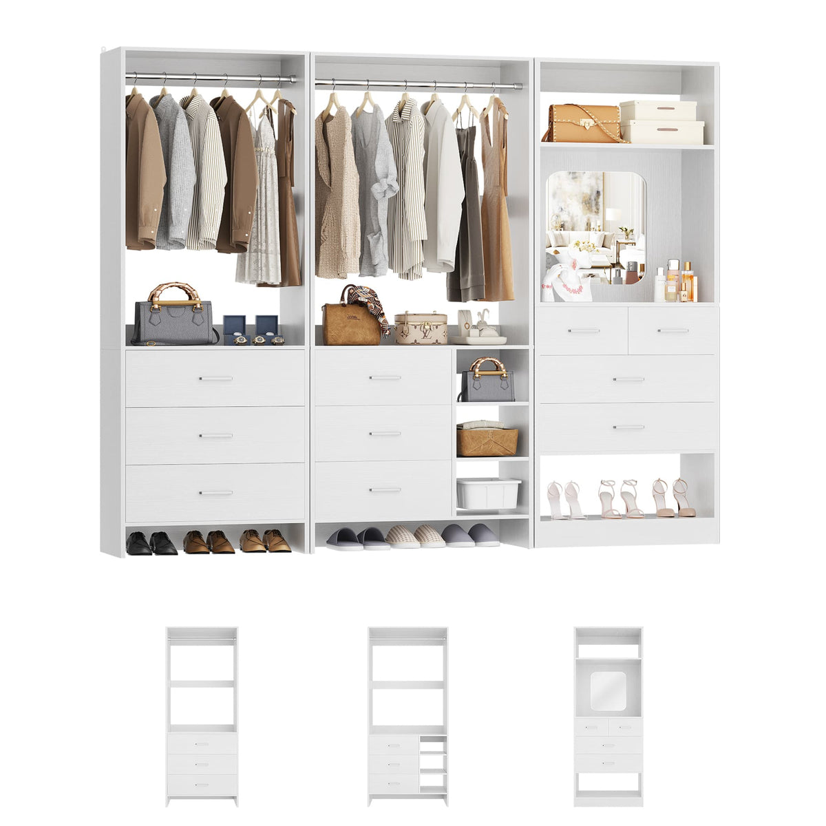79'' Wide Closet System Set of 3, with 10 Drawrs & 2 Hanging Rods
